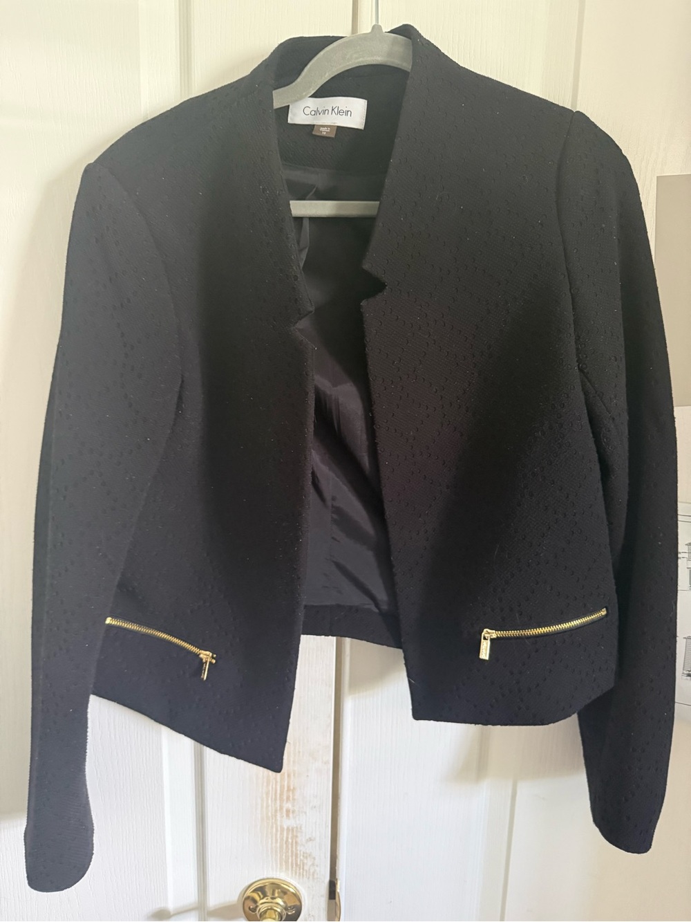 Calvin Klein Black Collarless Cropped Blazer with Gold Zippers